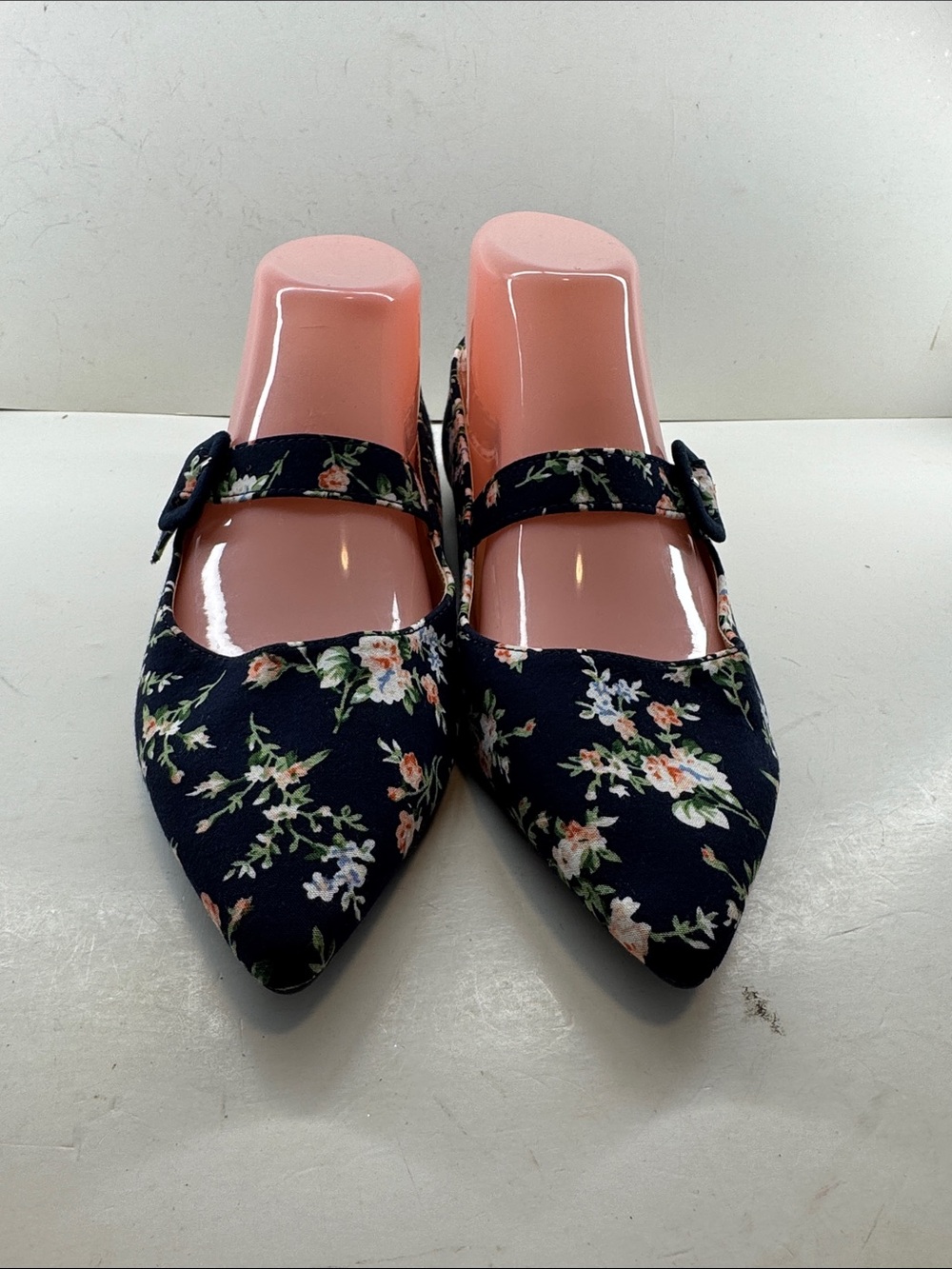 Floral Pointed Mary Jane Mules in Navy Floral